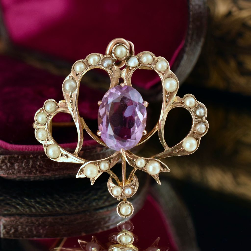 Antique Australian Edwardian 9ct Yellow Amethyst Pearl Pendant/Brooch
