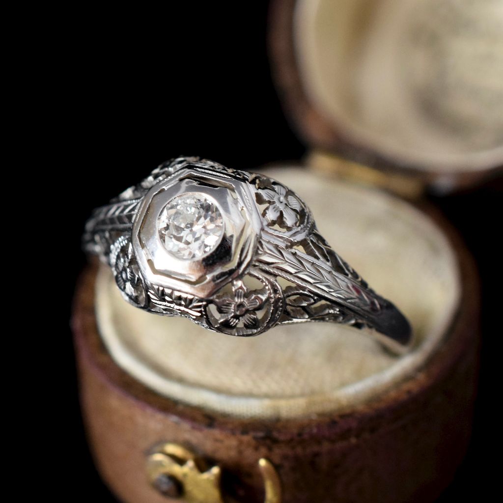 Antique Art Deco 15ct White Gold Diamond Filagree Engagement Ring Circa 1920’s