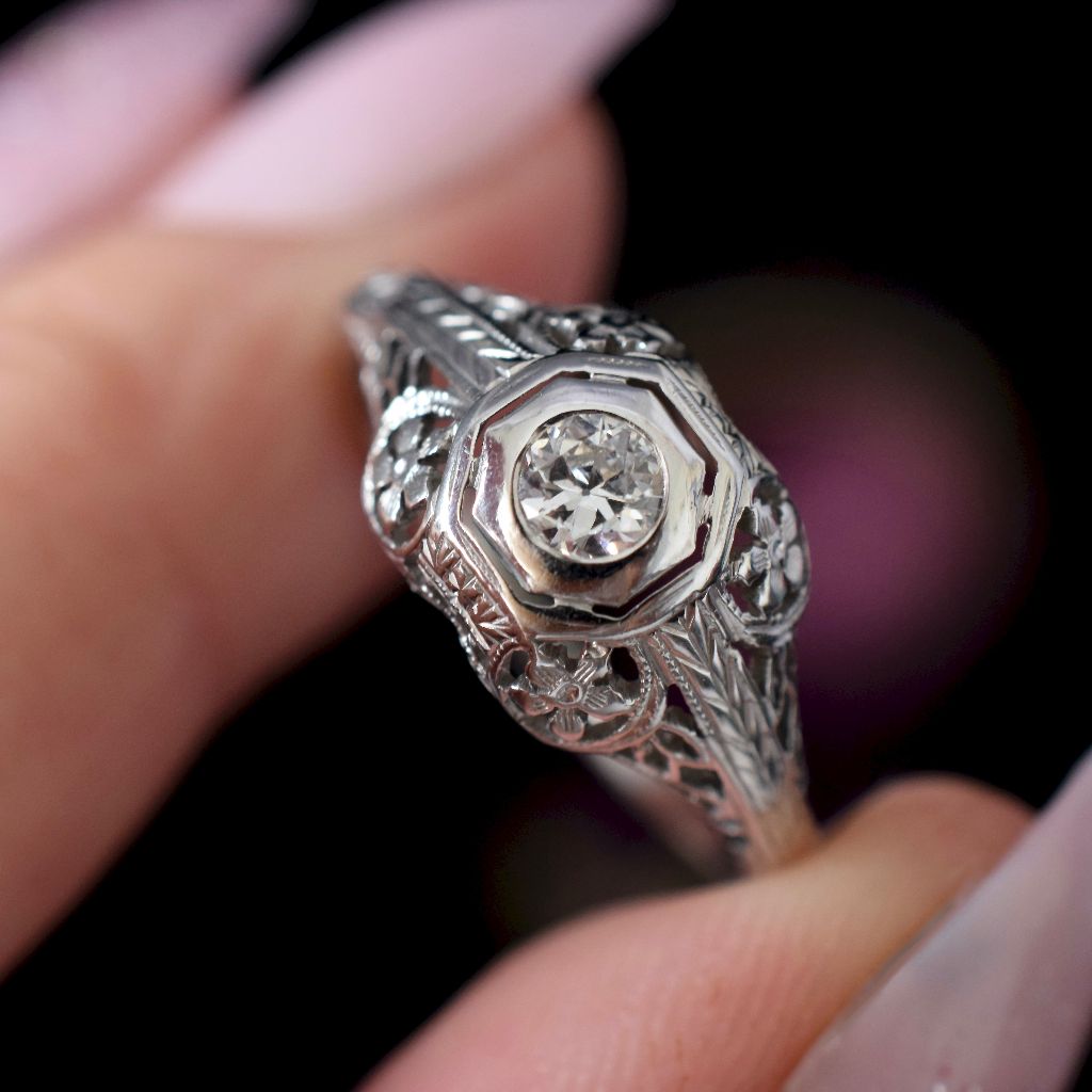 Antique Art Deco 15ct White Gold Diamond Filagree Engagement Ring Circa 1920’s