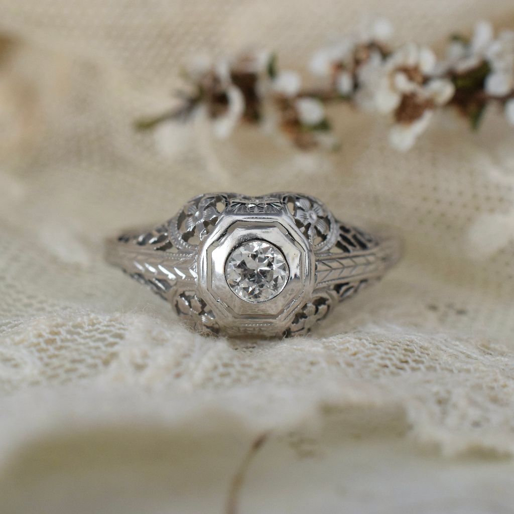 Antique Art Deco 15ct White Gold Diamond Filagree Engagement Ring Circa 1920’s