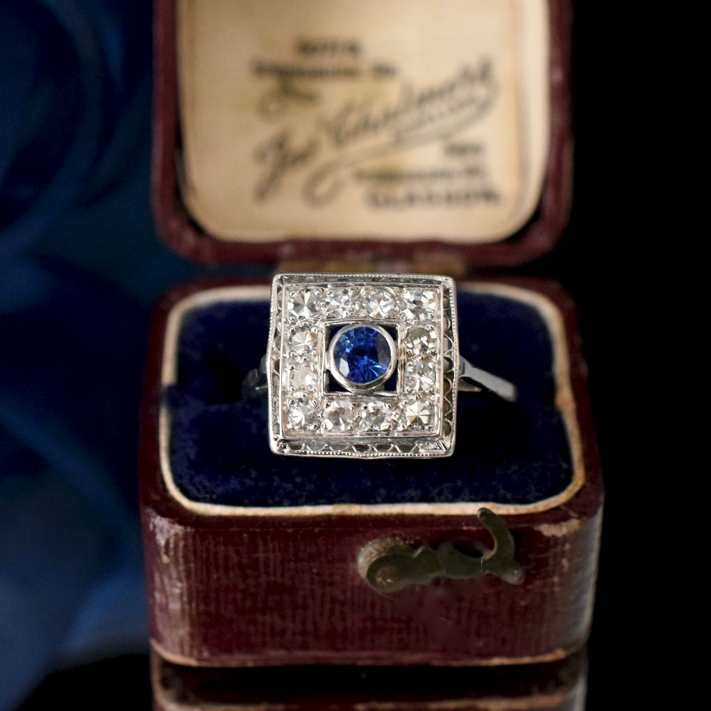 Antique Art Deco 14k White Gold Diamond And Sapphire Ring Circa 1925