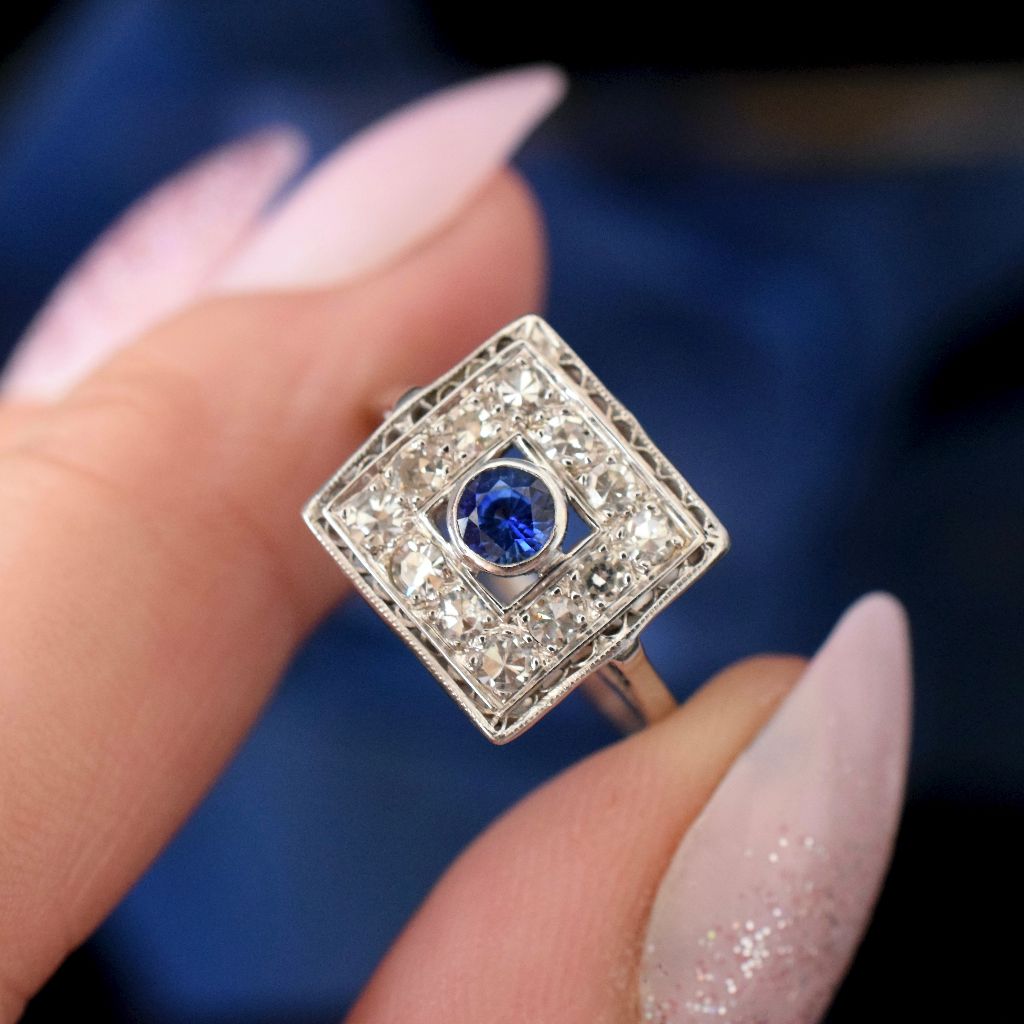 Antique Art Deco 14k White Gold Diamond And Sapphire Ring Circa 1925