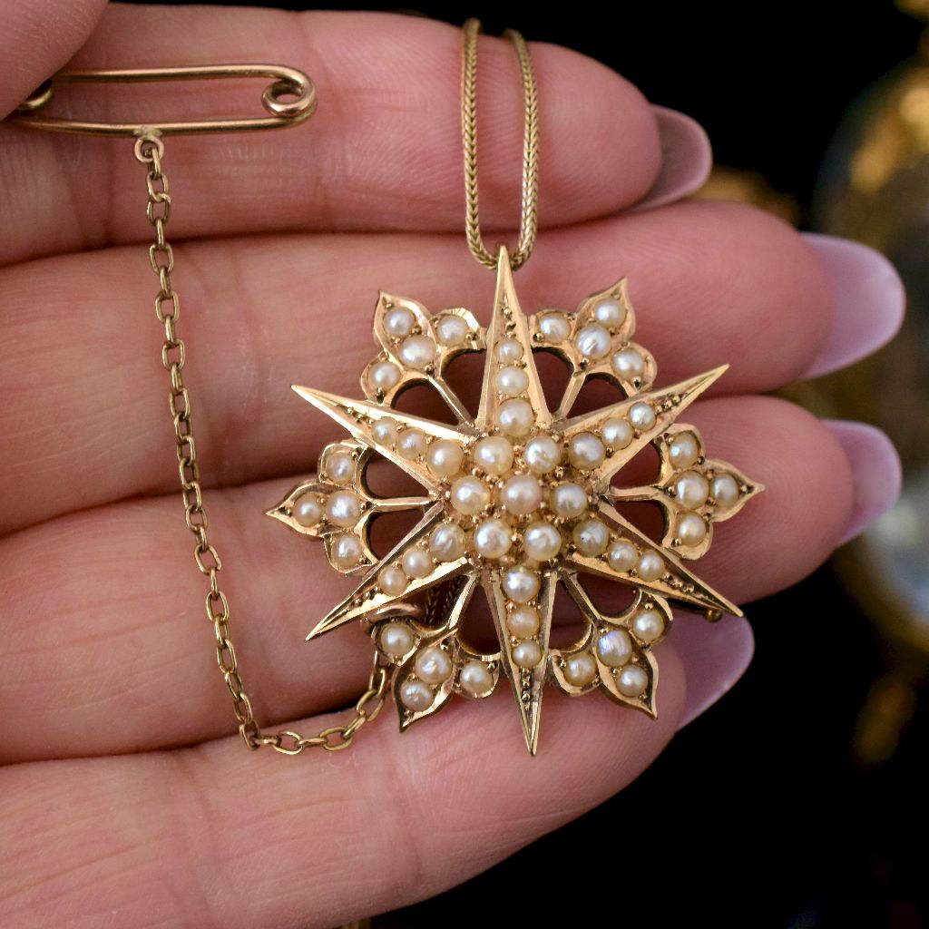 Antique Australian 15ct Yellow Gold Pearl Celestial ‘Starburst’ Brooch/Pendant By Willis And Sons Circa 1890