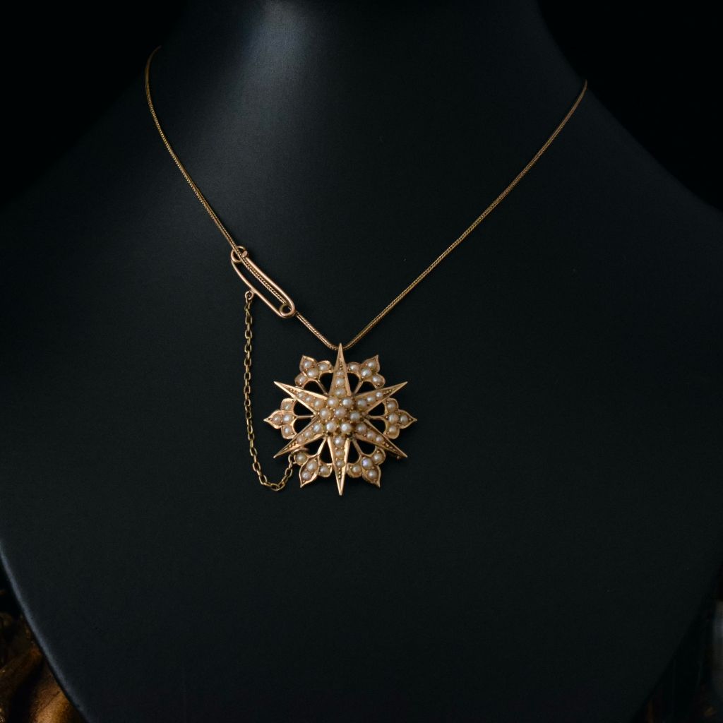 Antique Australian 15ct Yellow Gold Pearl Celestial ‘Starburst’ Brooch/Pendant By Willis And Sons Circa 1890