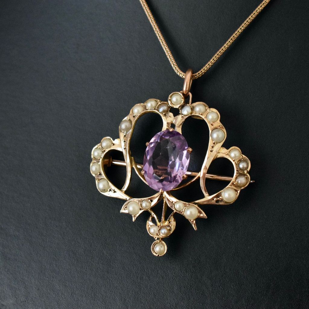 Antique Australian Edwardian 9ct Yellow Amethyst Pearl Pendant/Brooch