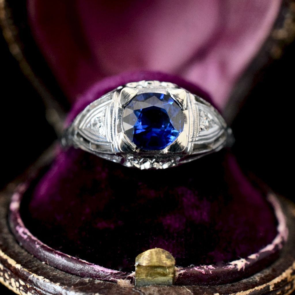 Antique Art Deco 14ct White Gold Natural Sapphire Diamond Ring (Independent valuation included with purchase $6,700)