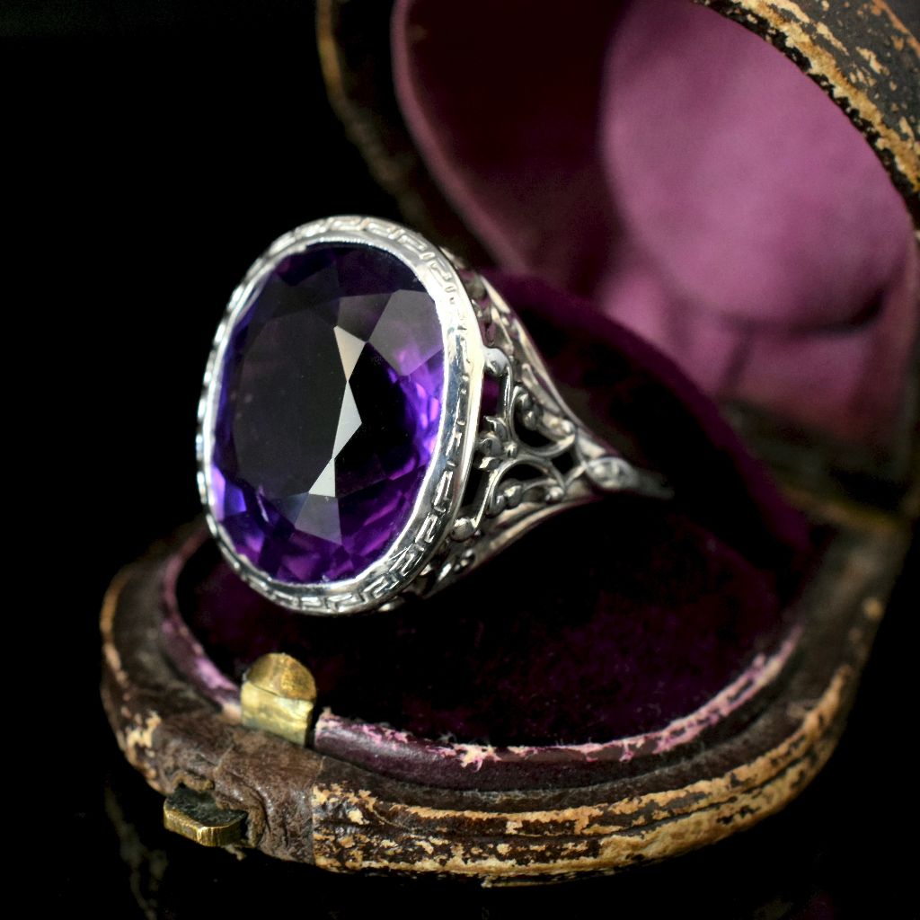 Antique Art Deco 10ct White Gold Amethyst Ring Circa 1920