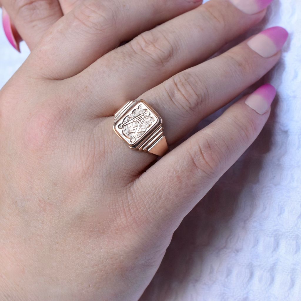 Antique Australian Edwardian 9ct Rose Gold Masonic Ring By ‘Dunklings’ 1912
