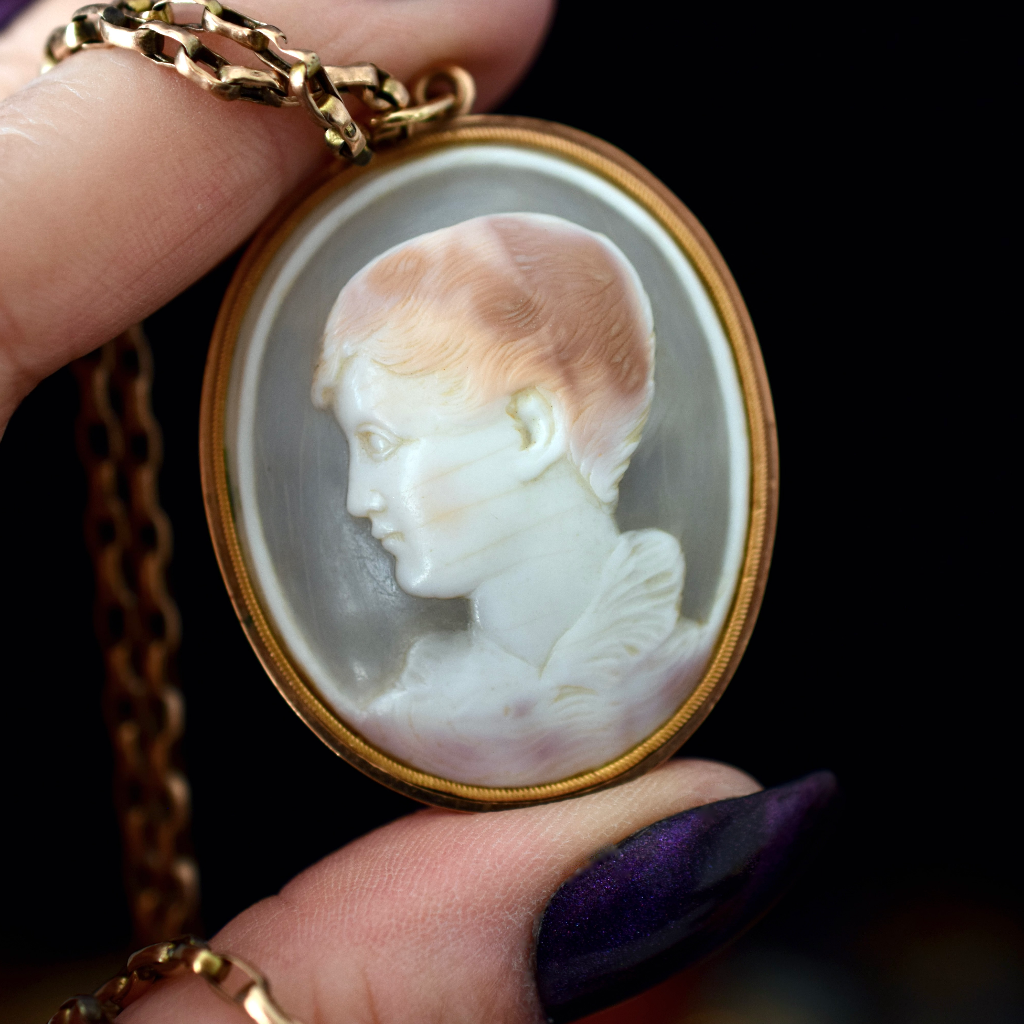 Antique Late Georgian Early Victorian 12ct Yellow Gold And Shell Cameo Of A Round Boy