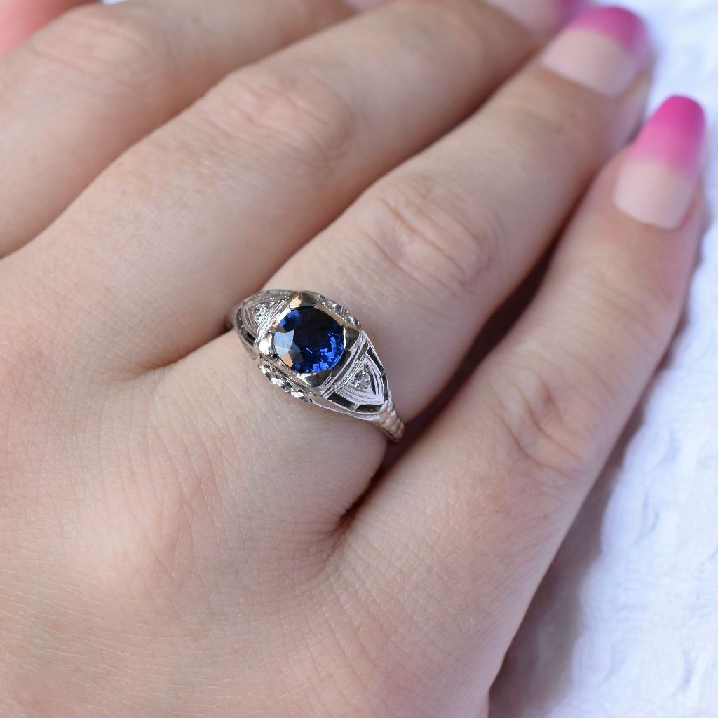 Antique Art Deco 14ct White Gold Natural Sapphire Diamond Ring (Independent valuation included with purchase $6,700)