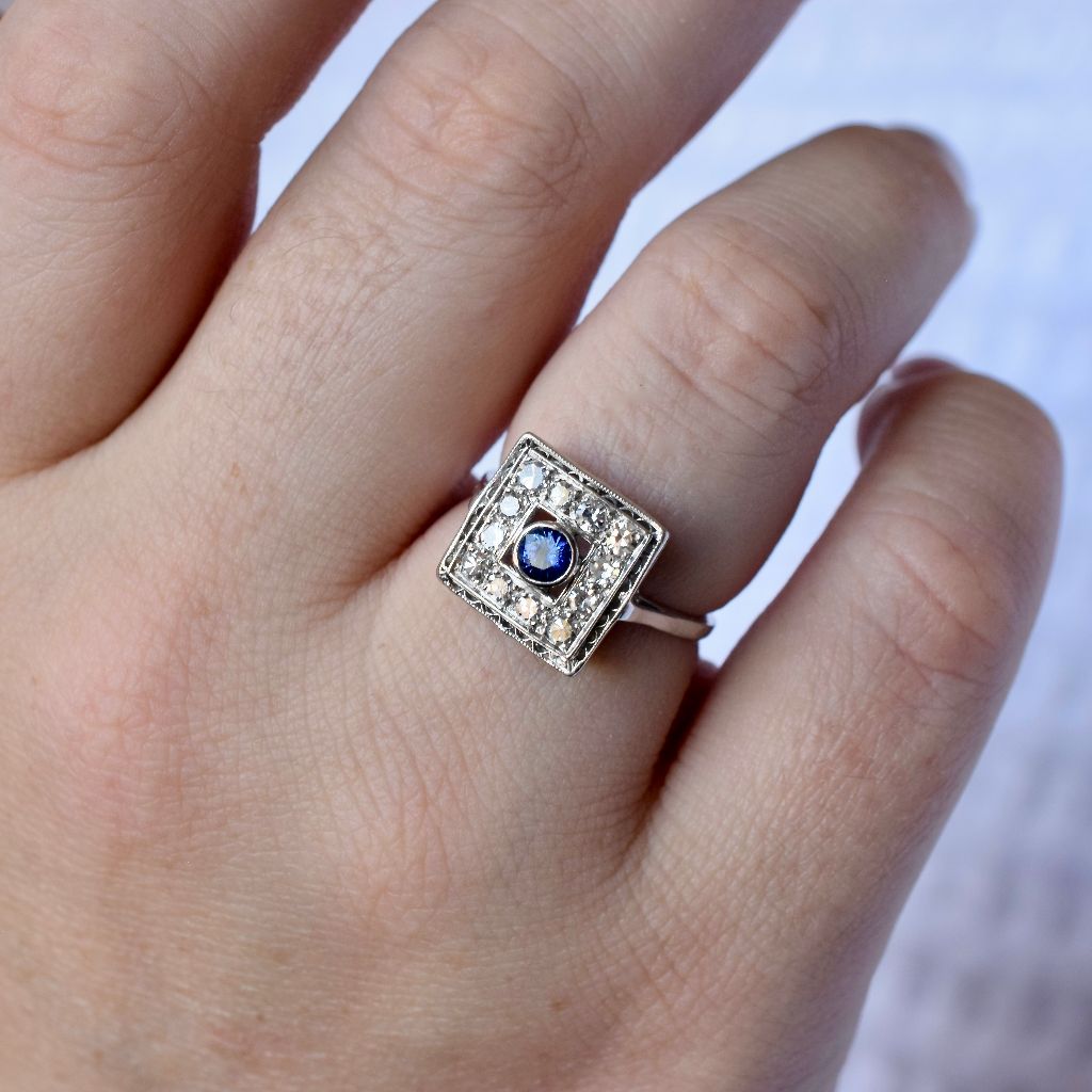 Antique Art Deco 14k White Gold Diamond And Sapphire Ring Circa 1925