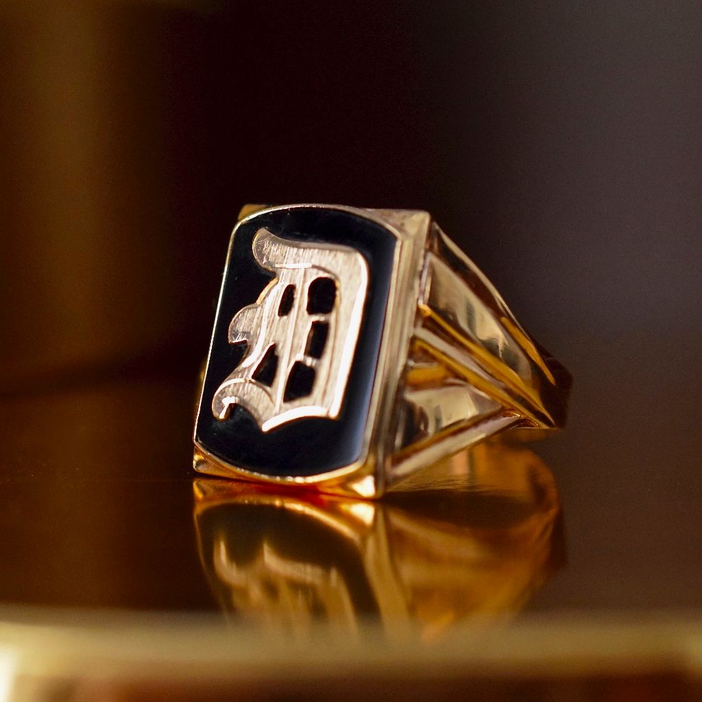 Authentic Art Deco 10K Onyx And Yellow Gold Monogram “D” Ring 1930’s