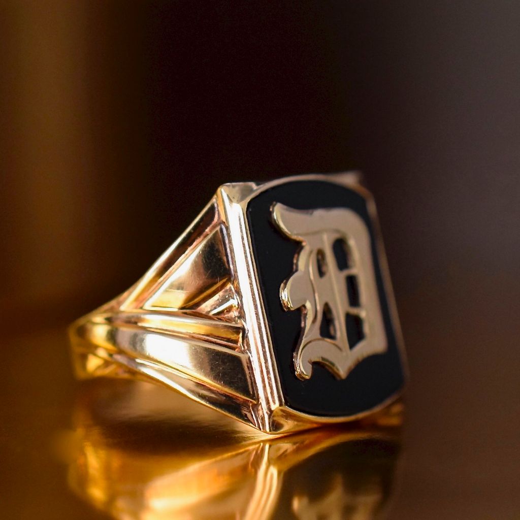 Authentic Art Deco 10K Onyx And Yellow Gold Monogram “D” Ring 1930’s
