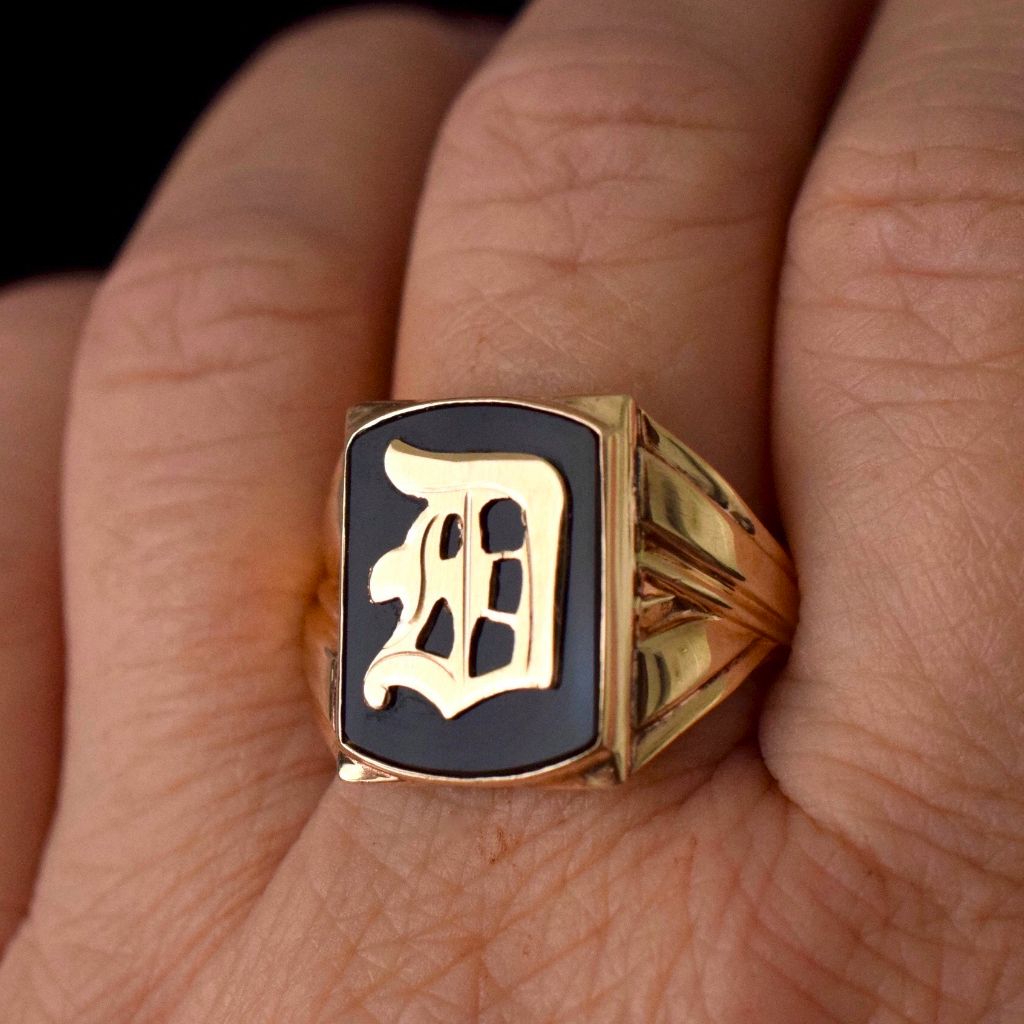 Authentic Art Deco 10K Onyx And Yellow Gold Monogram “D” Ring 1930’s