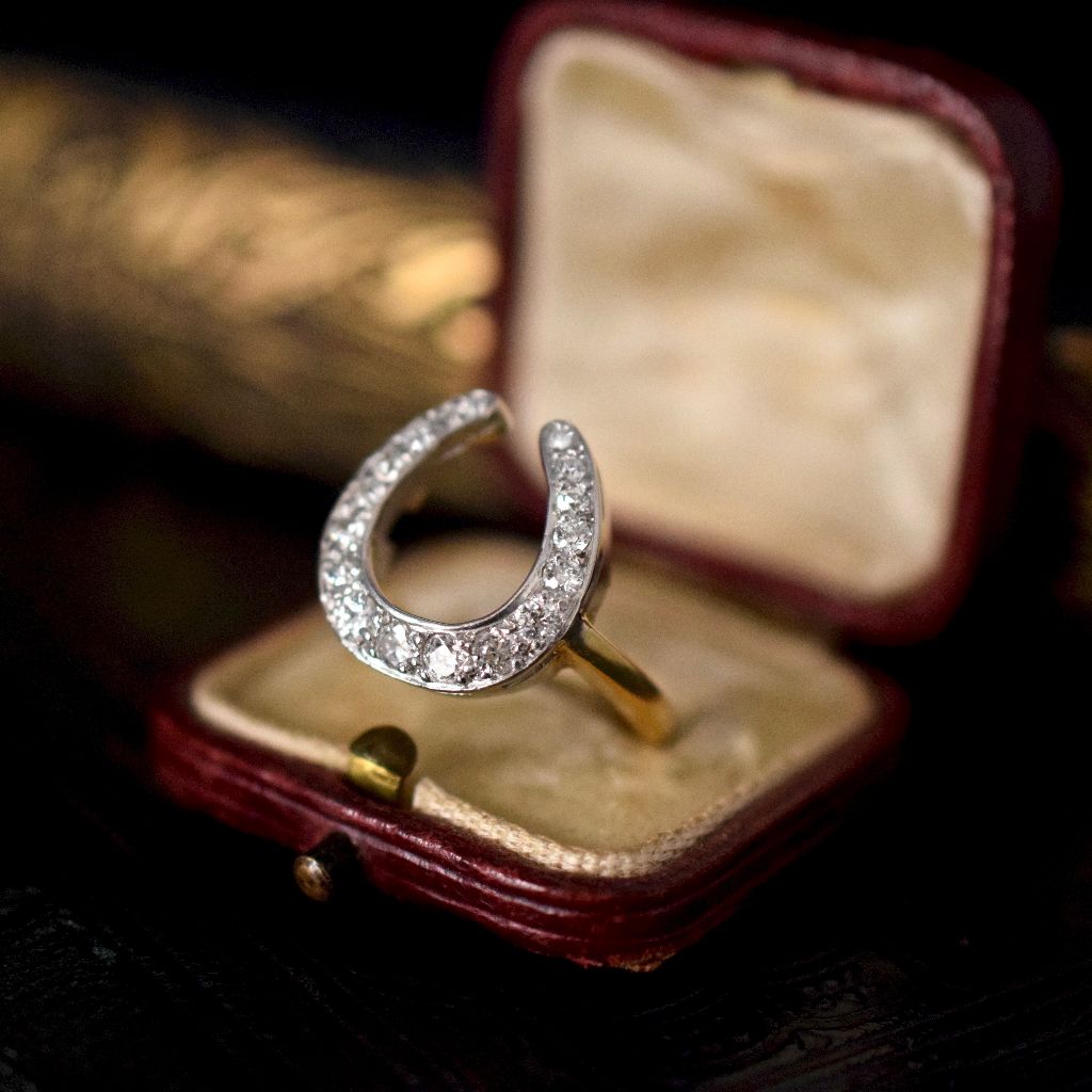 Antique Old Mine Cut Diamond Horse Shoe 18ct Yellow Gold Ring