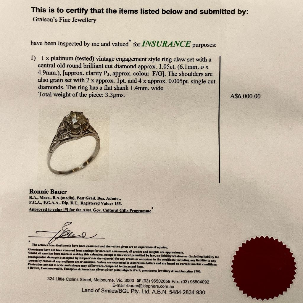 Antique Edwardian 1.05ct Diamond And Platinum Ring (Included in purchase Independent Valuation for - $6000)