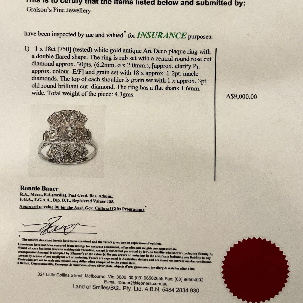 Antique Art Deco 18ct White Gold Diamond Ring Circa 1920. (Included in Purchase Independent Valuation for - $9,000)