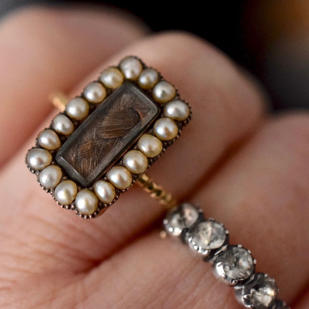 Georgian Natural Seed Pearl Mourning Hair Locket Ring Circa 1820