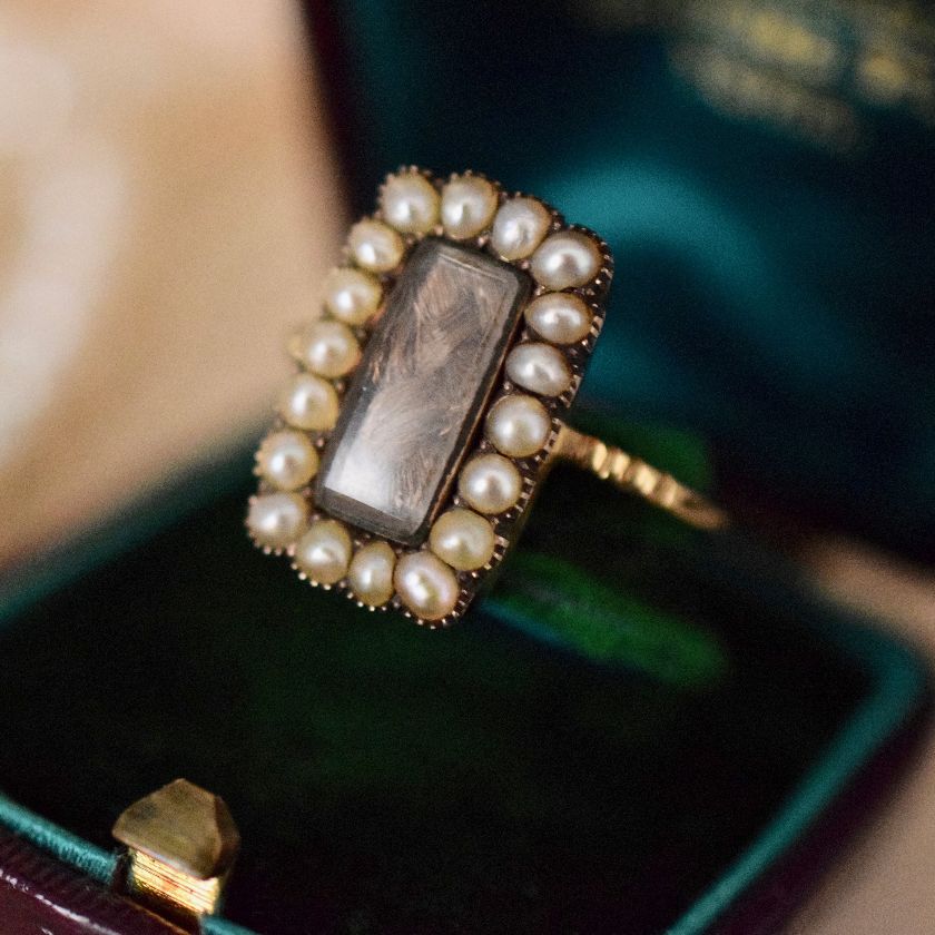 Georgian Natural Seed Pearl Mourning Hair Locket Ring Circa 1820