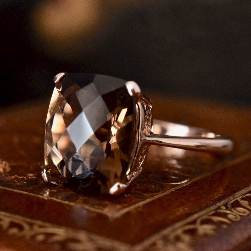 Modern Cushion Checkerboard Cut Smoky Quartz 9ct Rose Gold Ring