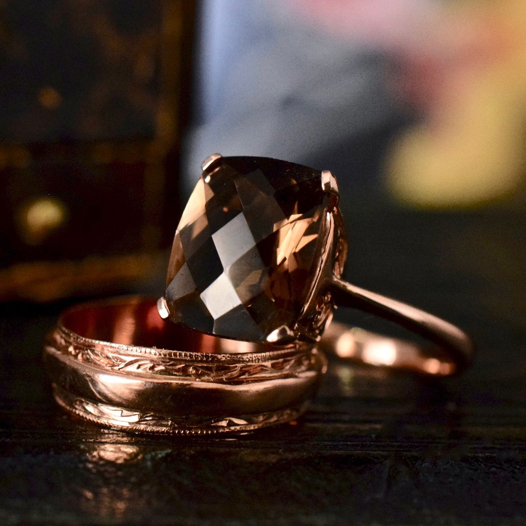Modern Cushion Checkerboard Cut Smoky Quartz 9ct Rose Gold Ring