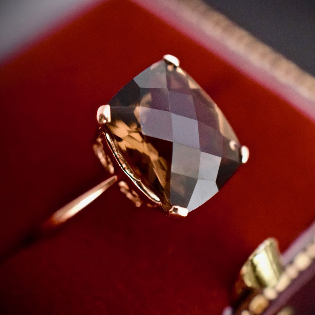 Modern Cushion Checkerboard Cut Smoky Quartz 9ct Rose Gold Ring