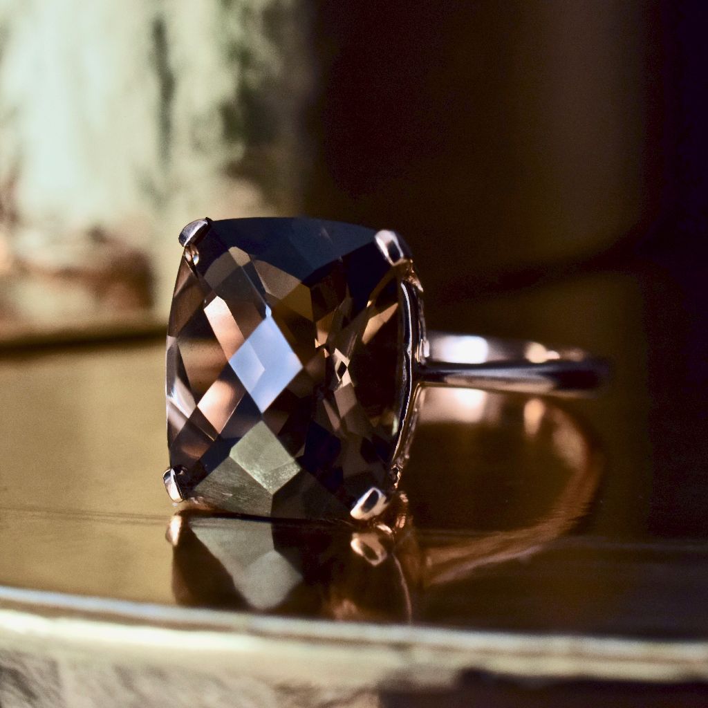 Modern Cushion Checkerboard Cut Smoky Quartz 9ct Rose Gold Ring