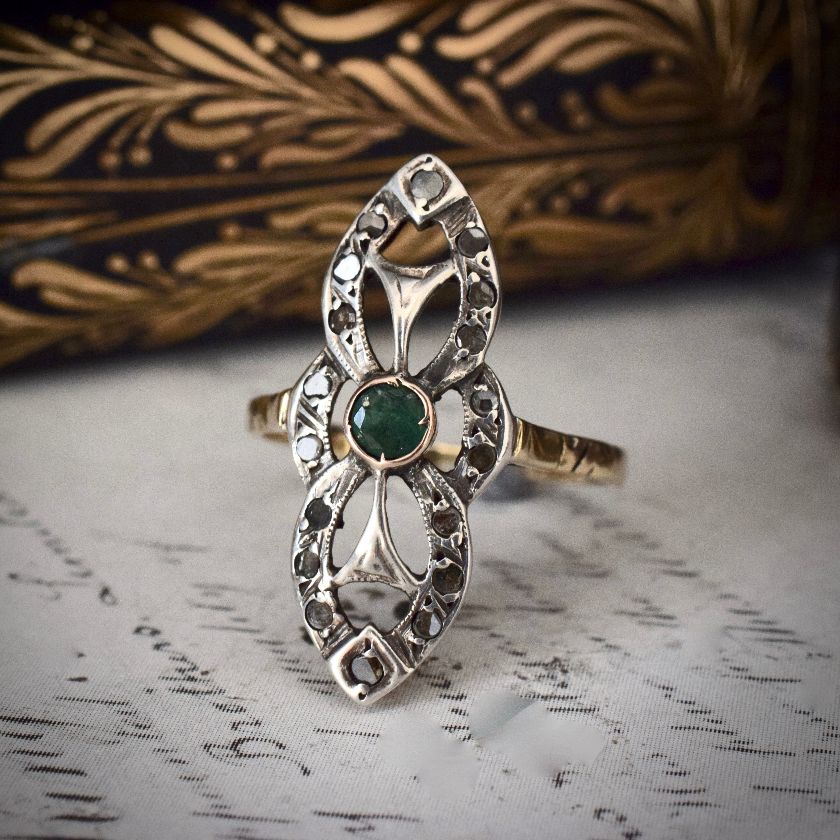 Superb Antique Emerald And Diamond ‘Navette’ Style Ring