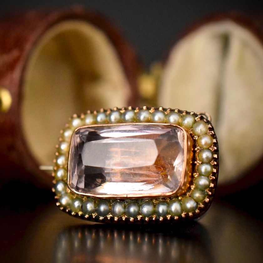 Georgian 9ct Natural Seed Pearl Rock Crystal Lace Pin / Fichu / Brooch