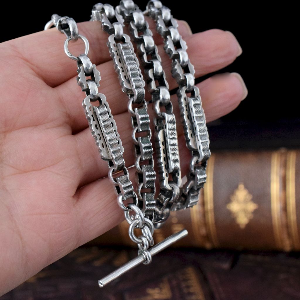Antique Victorian Sterling Silver Fancy Albert Chain 58.3 Grams Circa 1890