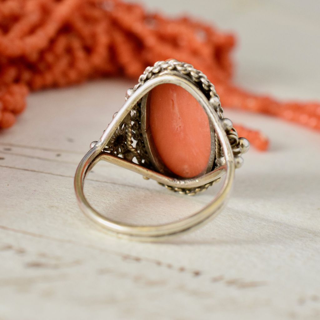 Vintage Sterling Silver Natural Salmon Coral Cameo Ring