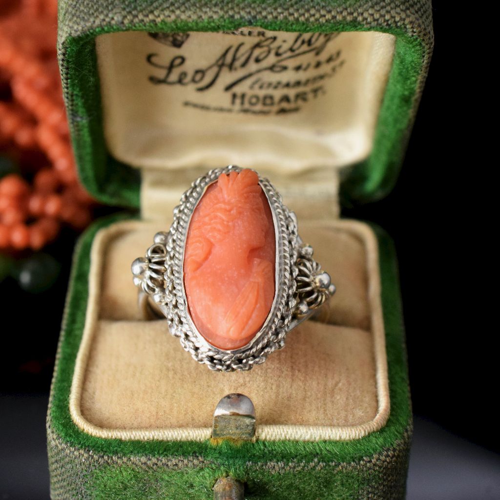 Vintage Sterling Silver Natural Salmon Coral Cameo Ring