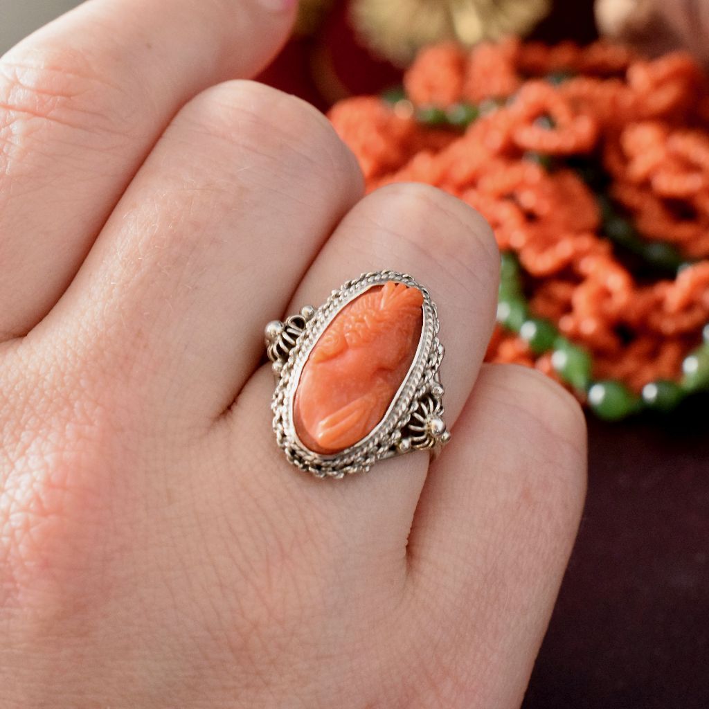 Vintage Sterling Silver Natural Salmon Coral Cameo Ring