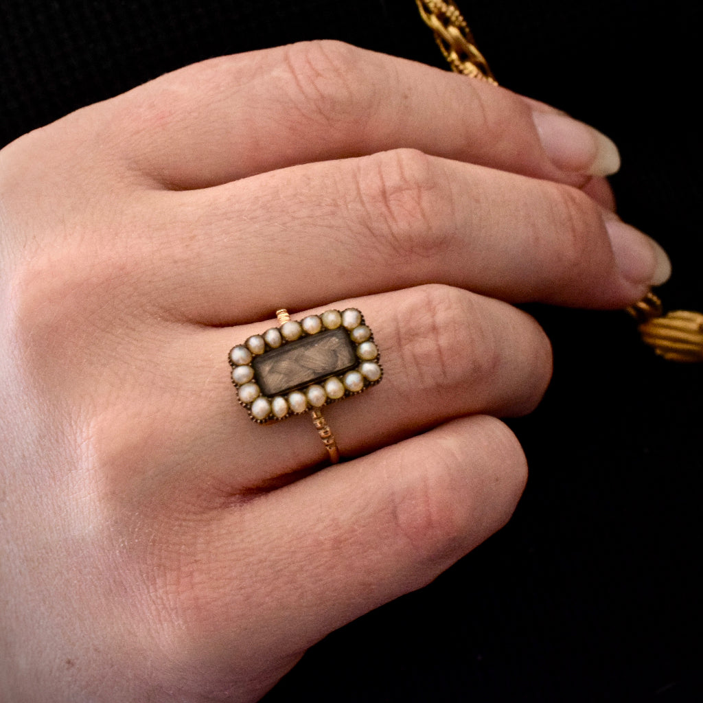 Georgian Natural Seed Pearl Mourning Hair Locket Ring Circa 1820