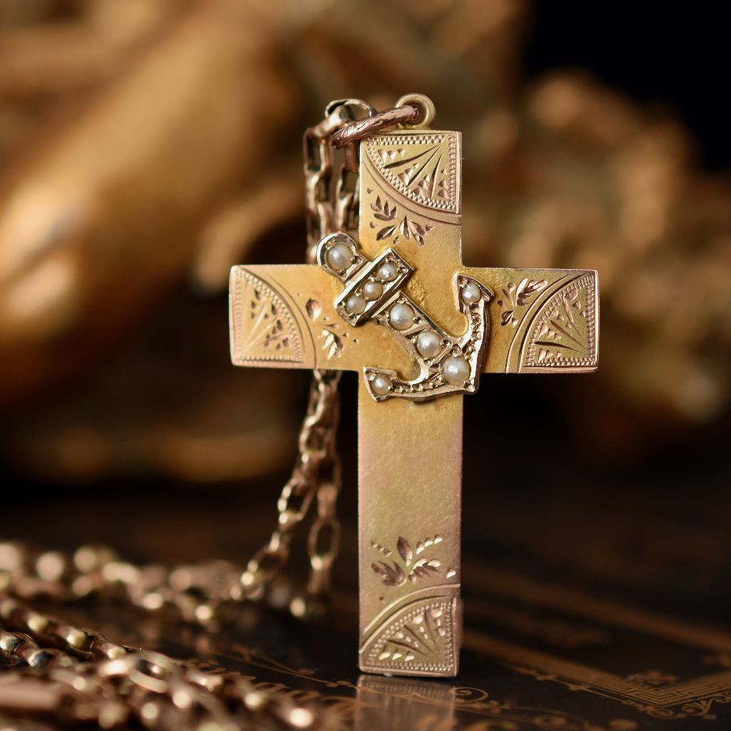 Antique Australian 9ct Rose Gold Seed Pearl Crucifix By H Simonsen Circa 1905