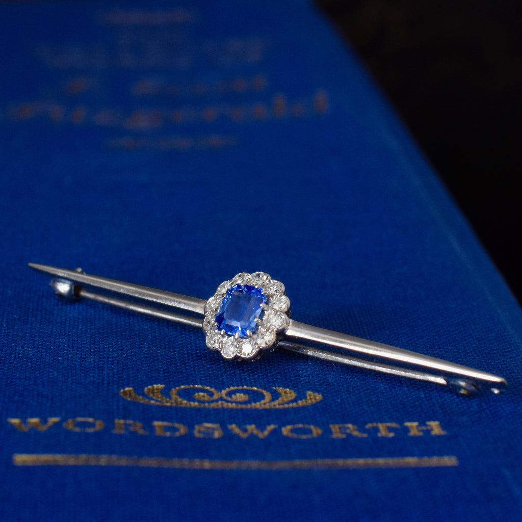 Antique Art Deco ‘Cornflower Blue’ Ceylon Sapphire And Diamond Bar Brooch
