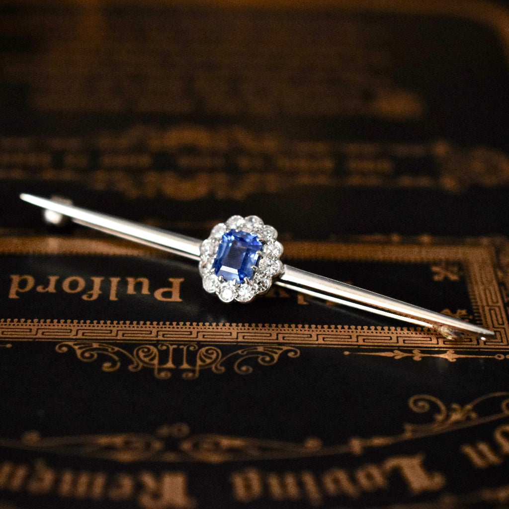 Antique Art Deco ‘Cornflower Blue’ Ceylon Sapphire And Diamond Bar Brooch
