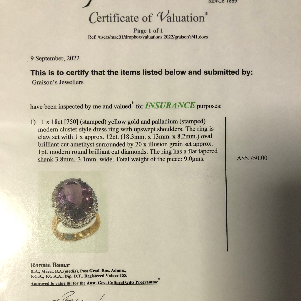 Modern 18ct Yellow Gold, Palladium Amethyst And Diamond Ring Independent Valuation Included In Purchase For $5750.00 AUD