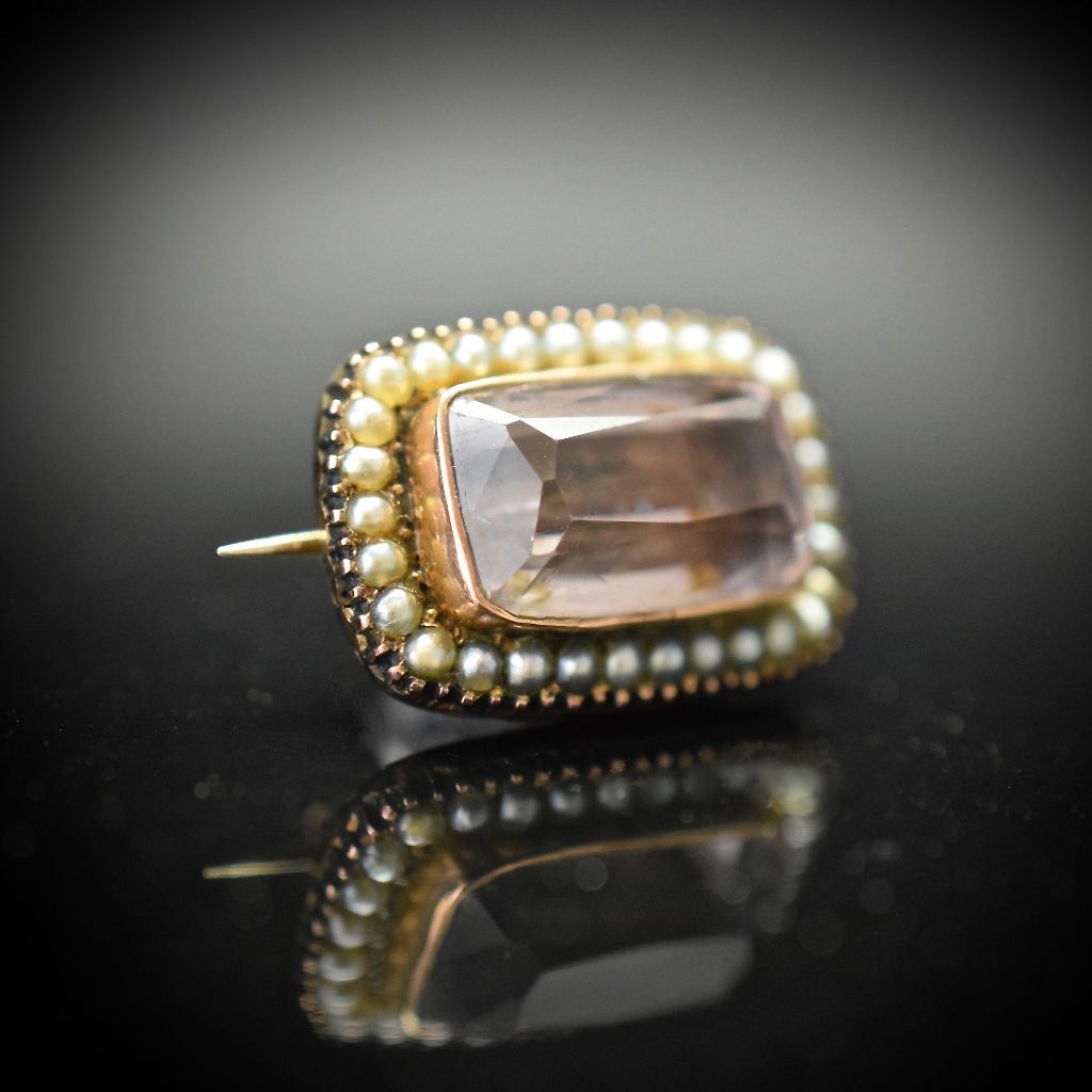 Georgian 9ct Natural Seed Pearl Rock Crystal Lace Pin / Fichu / Brooch