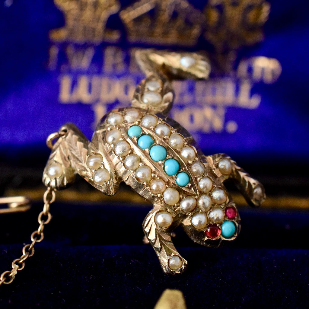 Antique Early Australian ‘Duggin & Shappeare’ Turquoise Seed Pearl Brooch
