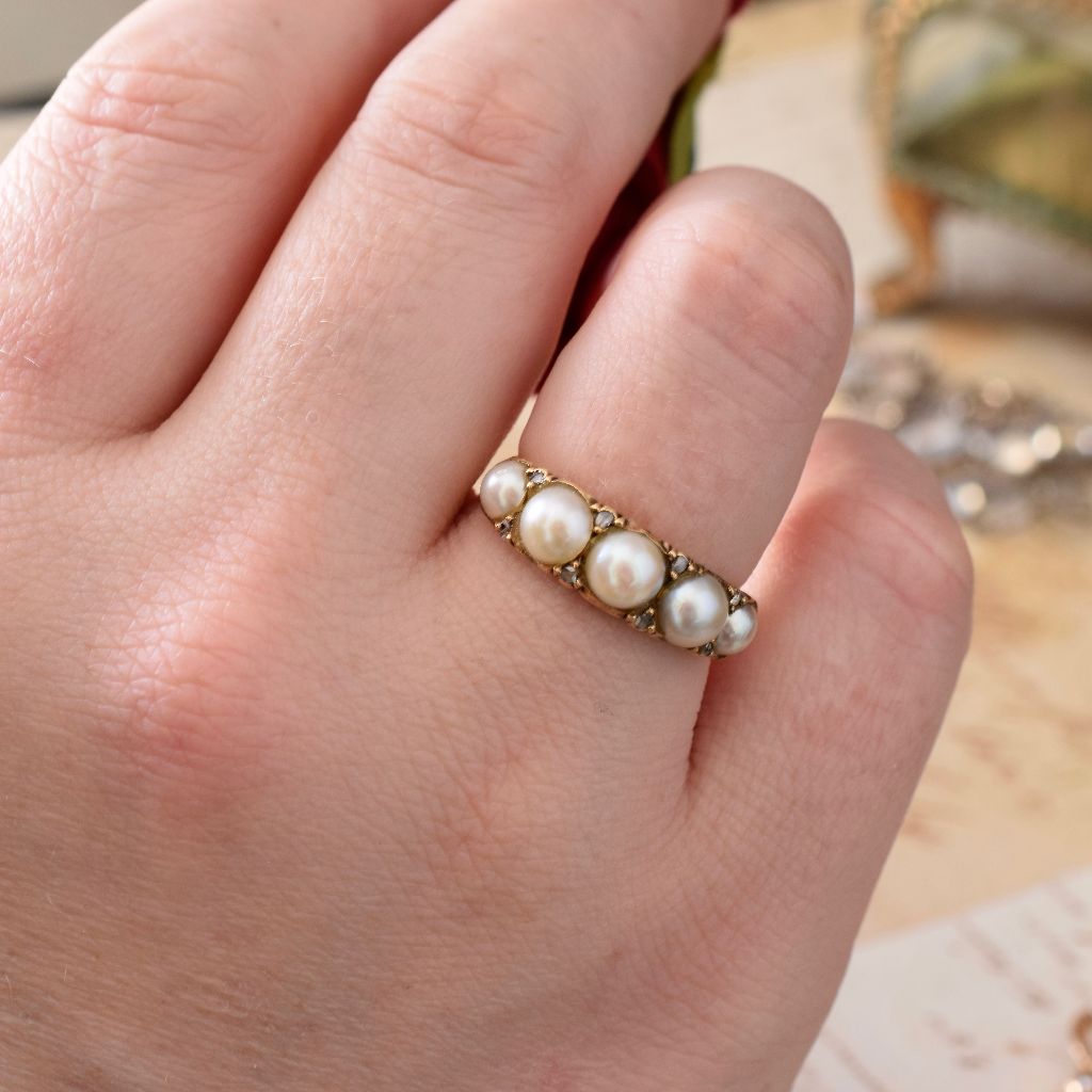 Antique Victorian/Early Edwardian 18ct Gold Five Pearl And Diamond Half Hoop Ring Circa 1900