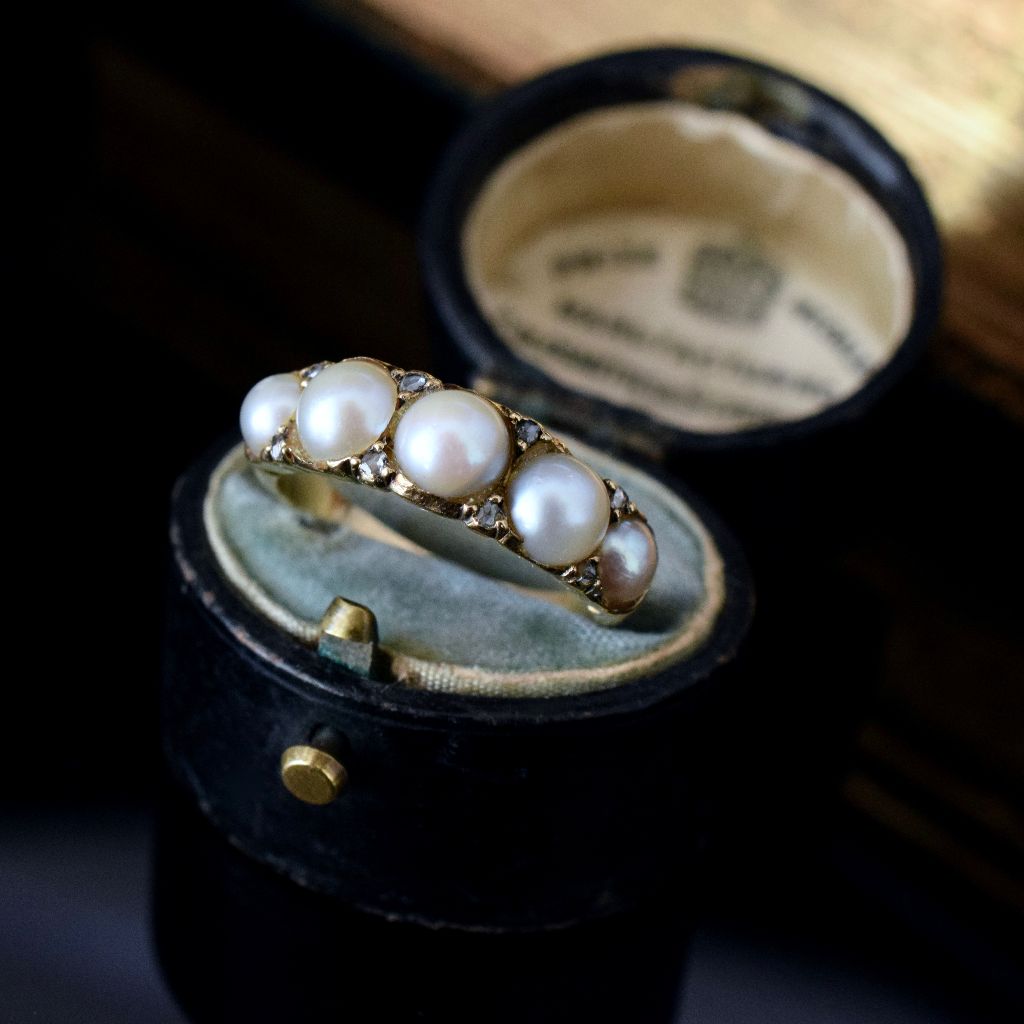 Antique Victorian/Early Edwardian 18ct Gold Five Pearl And Diamond Half Hoop Ring Circa 1900