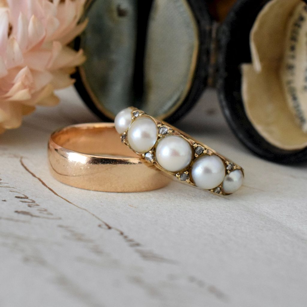 Antique Victorian/Early Edwardian 18ct Gold Five Pearl And Diamond Half Hoop Ring Circa 1900
