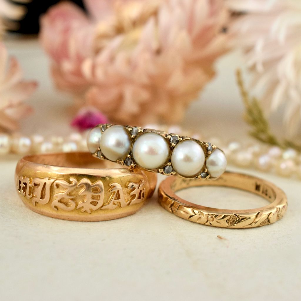 Antique Victorian/Early Edwardian 18ct Gold Five Pearl And Diamond Half Hoop Ring Circa 1900