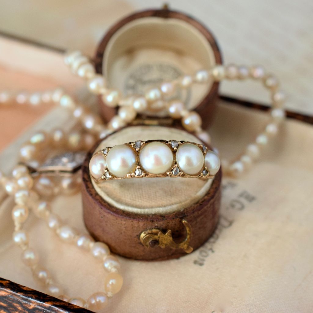 Antique Victorian/Early Edwardian 18ct Gold Five Pearl And Diamond Half Hoop Ring Circa 1900