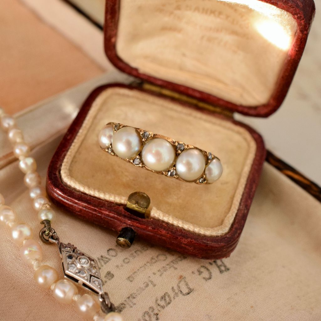 Antique Victorian/Early Edwardian 18ct Gold Five Pearl And Diamond Half Hoop Ring Circa 1900