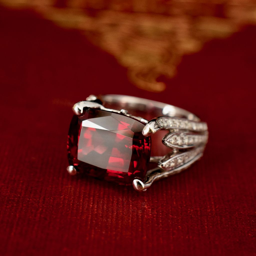 Modern 18ct White Gold Pyrope Garnet And Diamond Ring