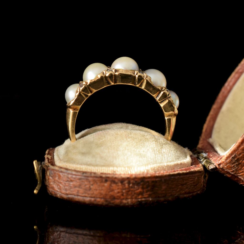 Antique Victorian/Early Edwardian 18ct Gold Five Pearl And Diamond Half Hoop Ring Circa 1900