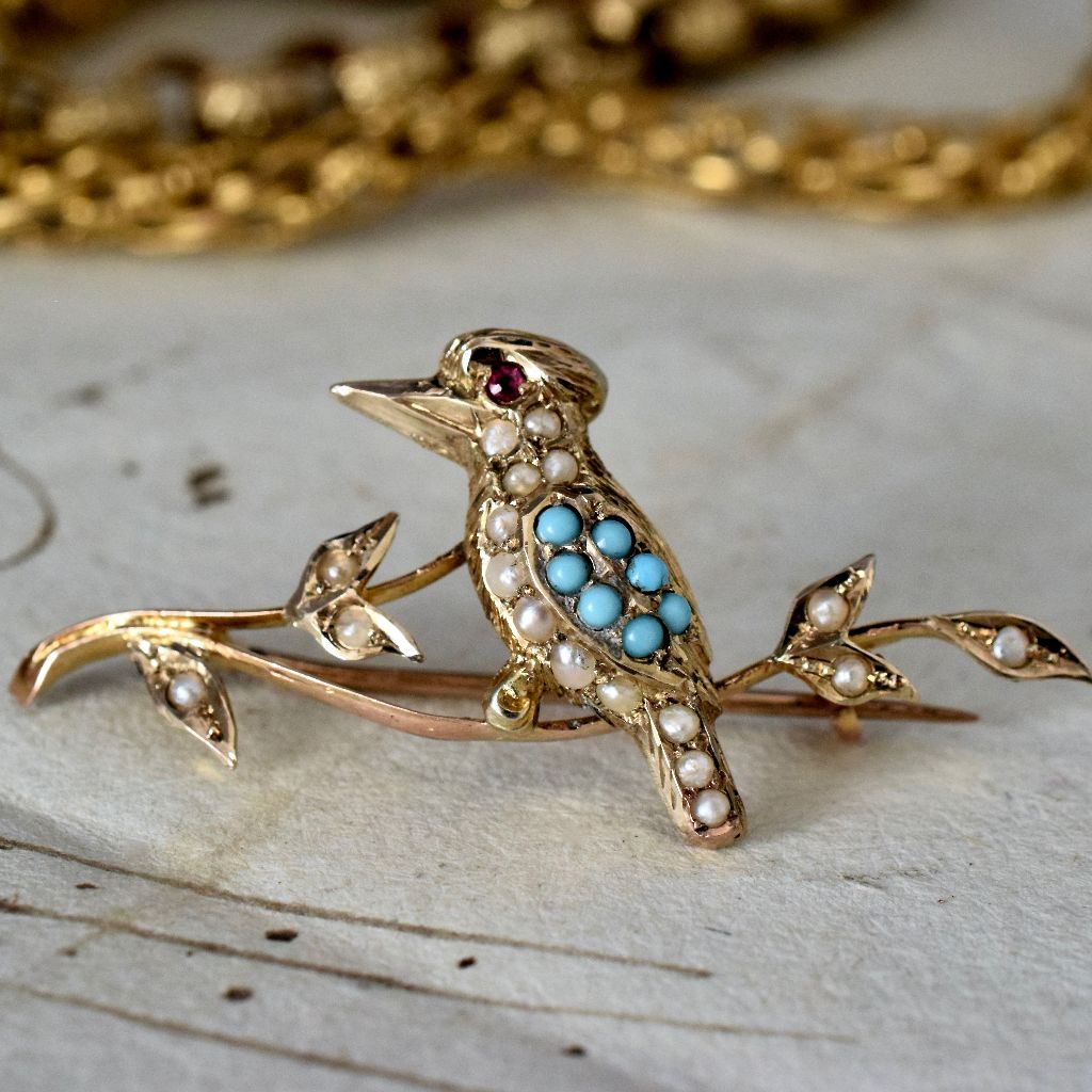 Antique Australian 9ct Gold Turquoise Seed Pearl Brooch By Duggin And Shappere Circa 1910