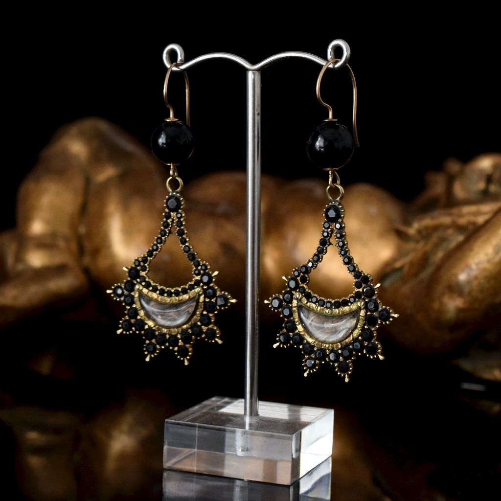 Georgian 15ct Yellow Gold Faceted Onyx Mourning Hair Earrings Circa 1820